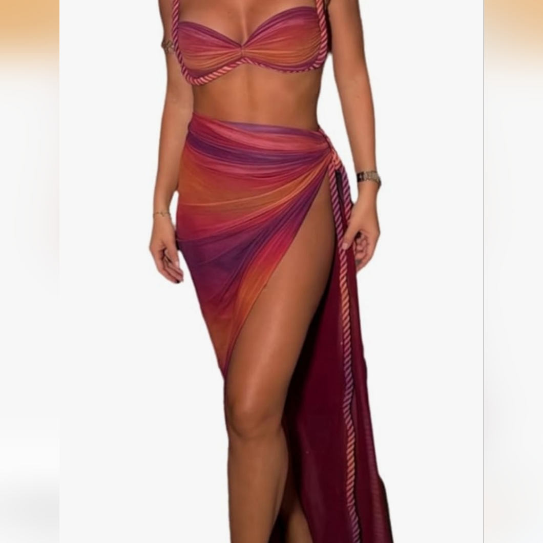 Two-Piece Bandeau Bikini Set With Draped Sarong - Sunset Gradient